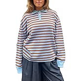 Women Polo Collar Striped Long Sleeve Sweater Y2k Long Sleeve Vintage Stripped Knit Oversized Sweatshirt Shirts