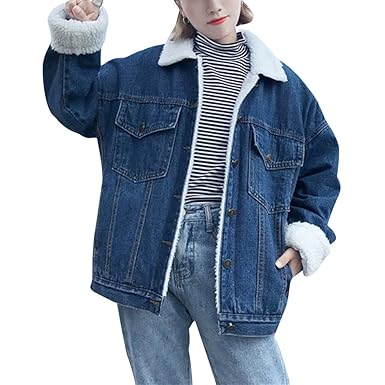 ZhuiKun Damen Warm Jeansjacken Boyfriend Wintermantel Denim Winterjacke