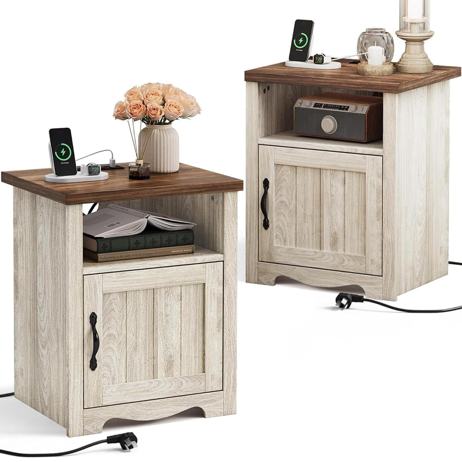 Photo 1 of LINSY Farmhouse Night Stand Set of 2, 18.9” Wood End Table with Charging Station, Side Table for Bedroom, Living Room, Couch with USB Ports and Outlets, Nightstand with Storage, Beige