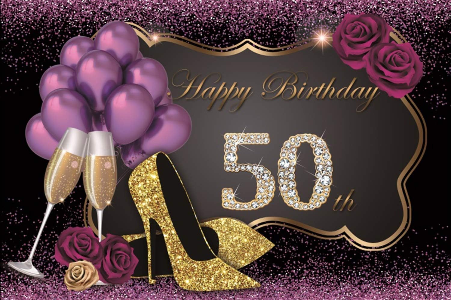 50th Birthday Photography Flowers Gold Glitter Party Backdrop Decor