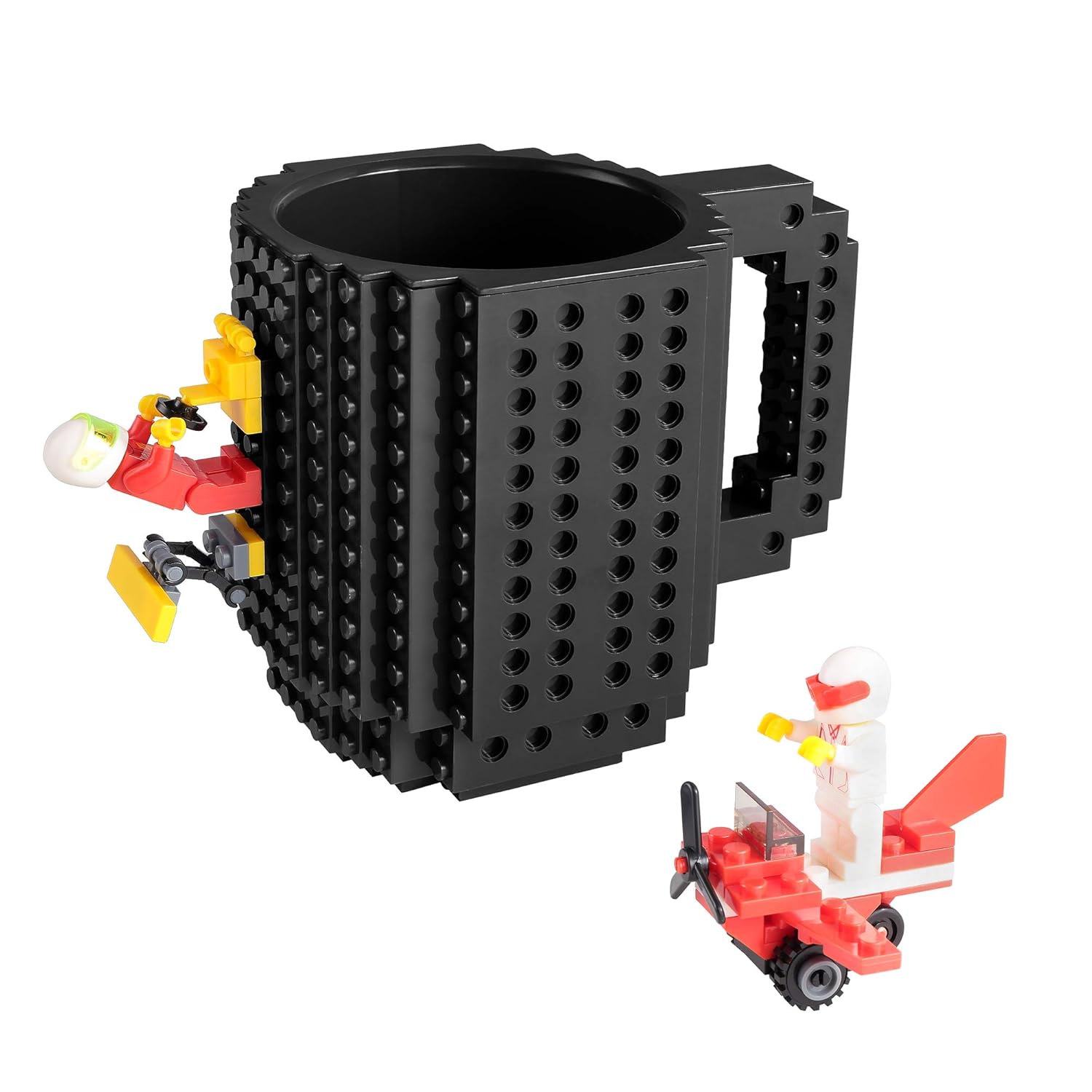 Build-on Brick Mug, Coffee Cup with 2 Pack Building Blocks Toys Set, Novelty Creative DIY Funny Coffee Mugs Toy for Kids Party Favor Travel , 350ml Bottle Puzzle Boys Bricks Cup (Black)