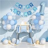 Bapukzy First Birthday Decorations for Boy - Complete Party Set with High Chair Banner, Number 1 Balloon, One Cake Topper, Crown, Balloons & Birthday Banner(Blue)