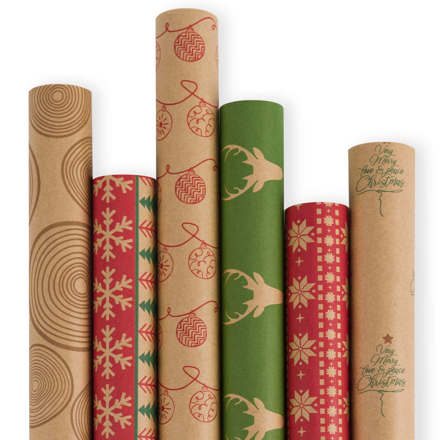 RUSPEPA Christmas Wrapping paper Roll - Brown Kraft Paper with Red and Green Pattern - Christmas Elements Collection - 6 Roll - 76cm X 305cm Per Roll