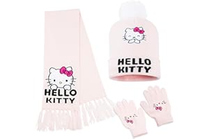 Hello Kitty Girls Scarf Beanie and Gloves Set 3 Piece Kawaii Cosy Warm Winter Accessories Anime Soft Knit for School Travel D