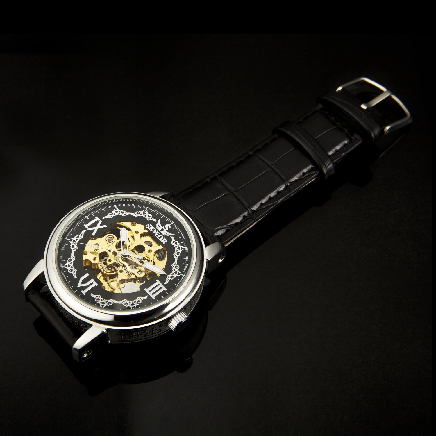 SEWOR Crusader Orologio da polso meccanico con scheletro trasparente a mano da uomo con cassa in pelle marrone e oro (Argento & Nero)