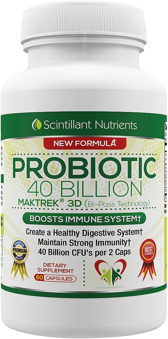 Probiotic 40 Billion with Maktrek 3D Technology by Scintillant Nutrients 2X Strength Reduce Gas Bloating and Aid Weight Loss 60 Shelf Stable Capsules