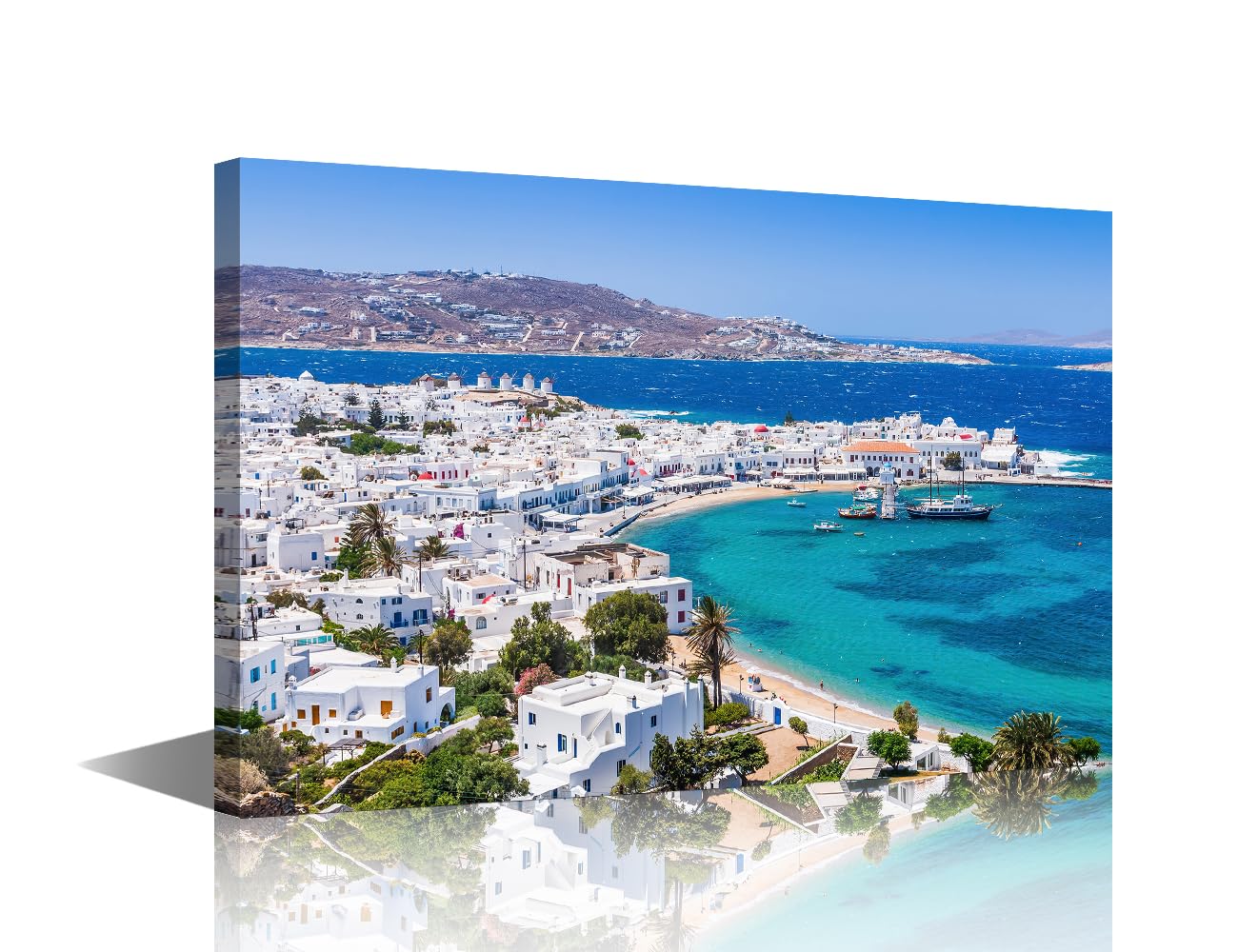 TISHIRON 1 Piece Greece Pictures for Living Room Panoramic View of Mykonos Town Wall Art Prints on Canvas Skyline Painting Modern Artwork for Bedroom Office Bathroom Decor Ready to Hang, 24x16in