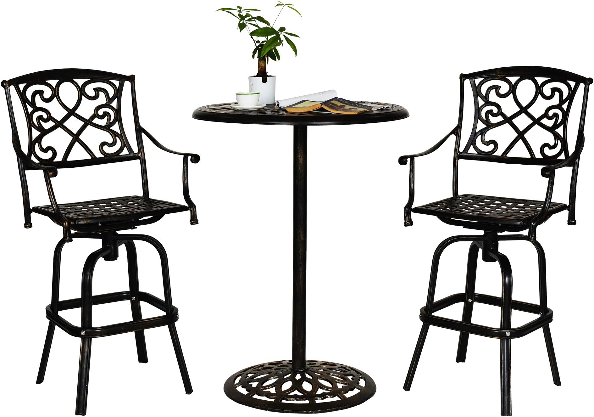 Sundale Outdoor 3 Pcs Counter Height Swivel Bar Stool and Bar Table Set All Weather Patio Furniture Bistro Set with Heavy Duty Aluminum Frame, Bronze