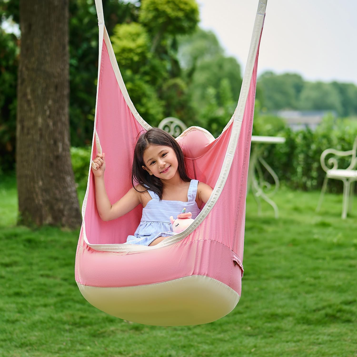 Photo 1 of CO-Z Upgraded Kids Hanging Pod Swing Chair with Inflatable Cushion, Child Hanging Hammock for Indoor and Outdoor, Sensory Pod Swing for Kids (Two Straps, Pink)