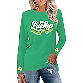 Saint Patricks Day Shirt Women Long Sleeve Green St Patricks Day Shamrock Shirt Irish Lucky Clover Heart Graphic Tee Top