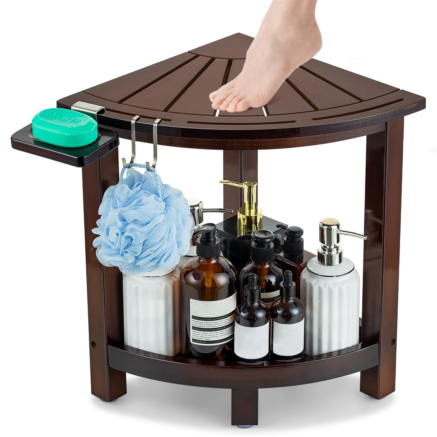 Photo 1 of ETECHMART Bamboo Corner Shower Stool for Shaving Legs, Waterproof Shower Bench with Storage for Inside Shower, Shower Seat for Indoor or Outdoor Use,Walnut