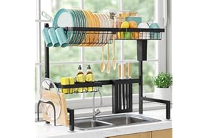 Sakugi Dish Drying Rack Over The Sink – Large Capacity Stainless Steel Dish Drainer, Multifunctional Kitchen Organizer, Black