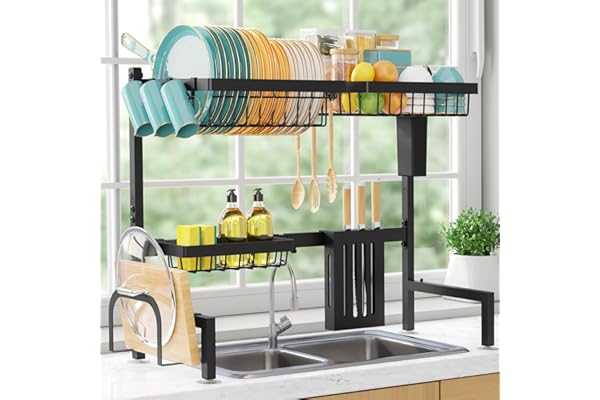 Sakugi Dish Drying Rack Over The Sink – Large Capacity Stainless Steel Dish Drainer, Multifunctional Kitchen Organizer, Black