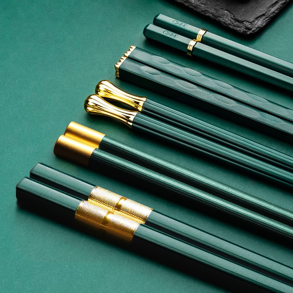Fiberglass Chopsticks Reusable 5 Pairs Multi-Style Chopstick Set Chinese Japanese Chop Sticks Multipack Fancy Chopsticks Anti-Skid Design Dishwasher Safe for Sushi Asian Dishes(Green)