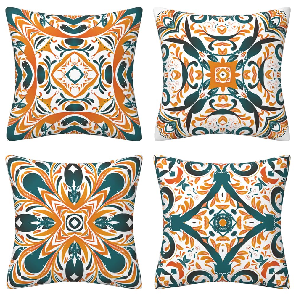 QUALKNOY Set of 4 Velvet Cushion Covers 18"x18" Orange Green Modern Boho Decorative Retro Throw Pillow Covers 45 x 45 cm for Sofa Living Room Outdoor Garden Pillowcases