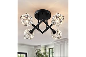 AMZASA Modern Semi Flush Mount Ceiling Light, Black Dining Room Light Fixtures,4-Lights Geometric Crystal Chandelier for Bedroom Entryway Hallway Porch Laundry Room