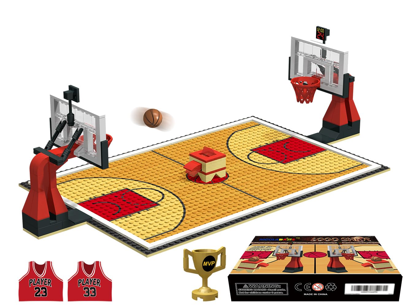 Nicolababe Basketball Court Baseplates and Stands Building Bricks - Compatible with Major Brands (Basketball Playset/Red)