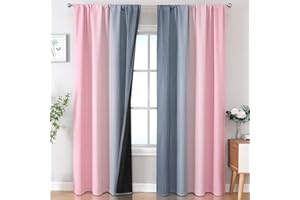 Estelar Textiler Pink and Grey Blackout Curtains for Bedroom, Light Blocking Two Tone Gradient Drapes with Wave Line Pattern, Room Darkening Rod Pocket Ombre Curtains for Boys Room,52Wx84L,2 Panels