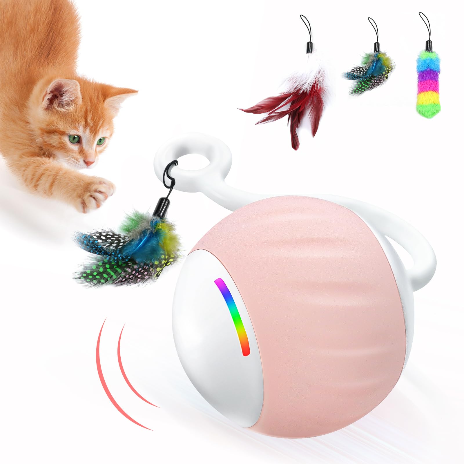 DONWEI Interactive Cat Toy, Moving Cat Toy, Cats Ball Toy, Motion Activated, Indoor cats toys, Stimulate Cats' Hunting Instincts, Automatic Rechargeable Moving Feather for Cats kitten (Pink)