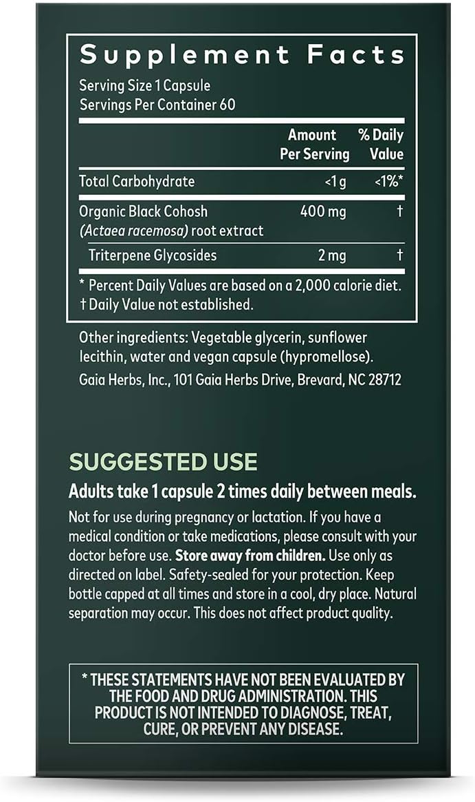 Gaia Herbs Black Cohosh, Vegan Liquid Capsules, 60 Count - Supports Healthy Menopause Transitions and Female Reproductive Function, 400mg Black Cohosh Root Extract: Health & Personal Care