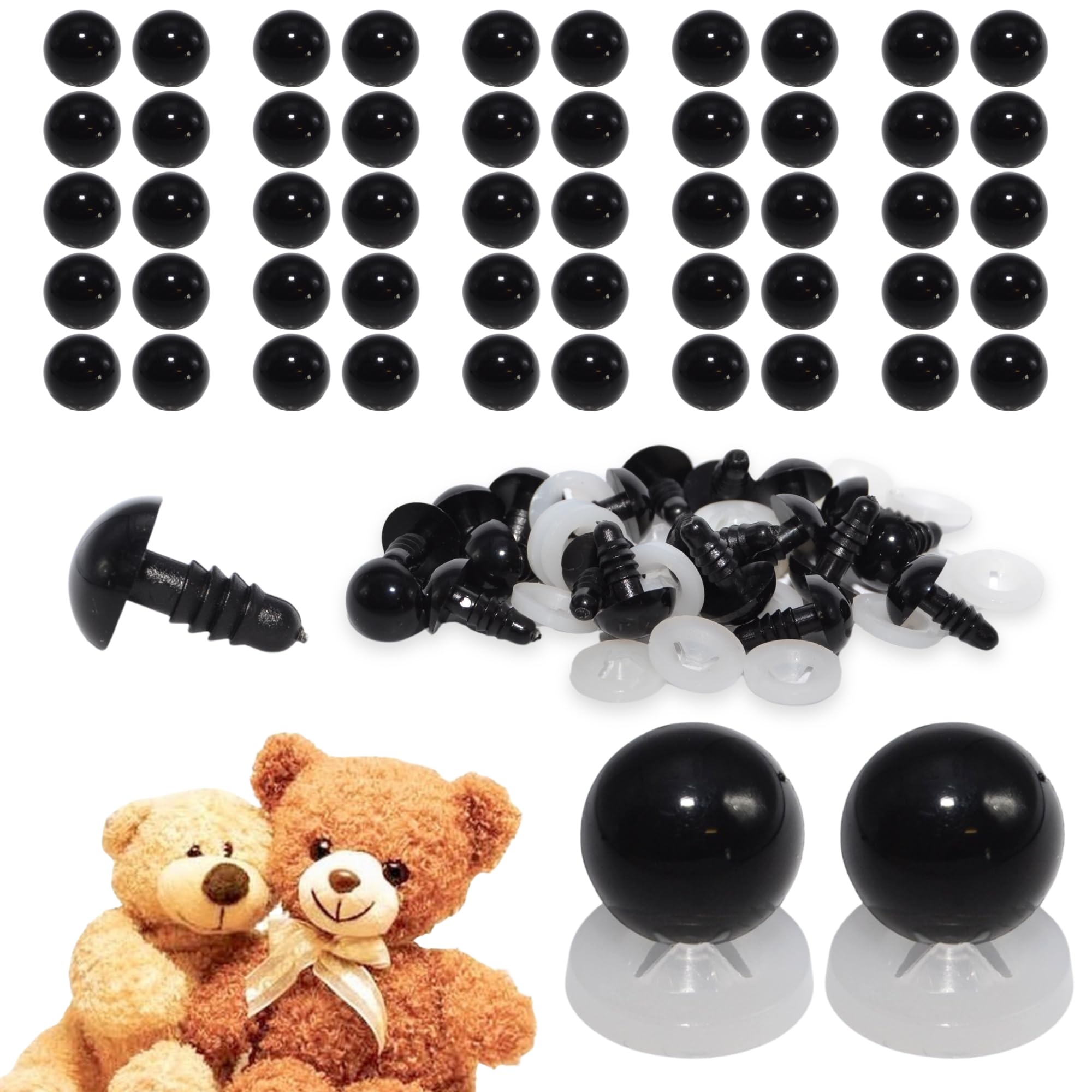 celloexpress Pack of 25 Pairs - Solid Black Eyes with Plastic Backs - 12mm - Safety Eyes for Soft Toy or Teddy Bear Making — image 1