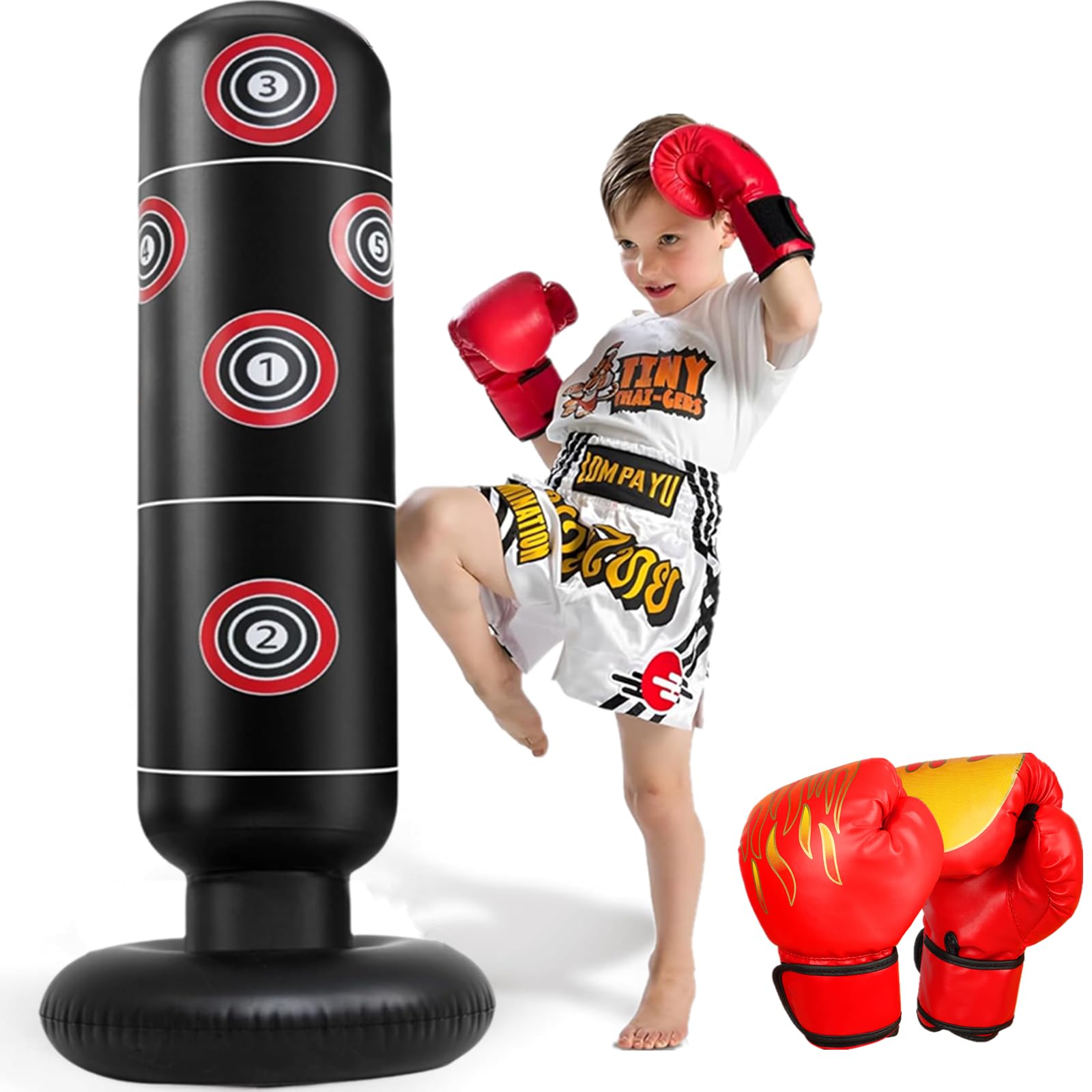 FOYOCER Punching Bag Kids with Boxing Gloves 160cm Inflatable Boxing Bag for Kids 3-12 Fun and Safe Exercise Toy for Home Play Gift for Boys & Girls BPA-free