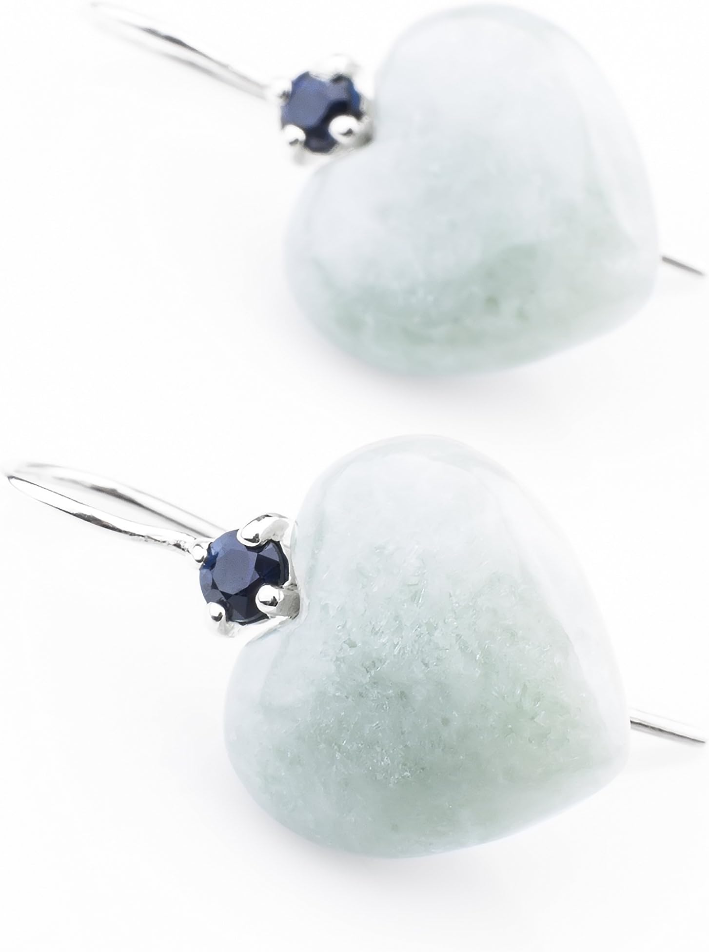 CdJ Sterling Silver Dangle Earrings with Handcrafted Jade Hearts and Natural Blue-Sapphires