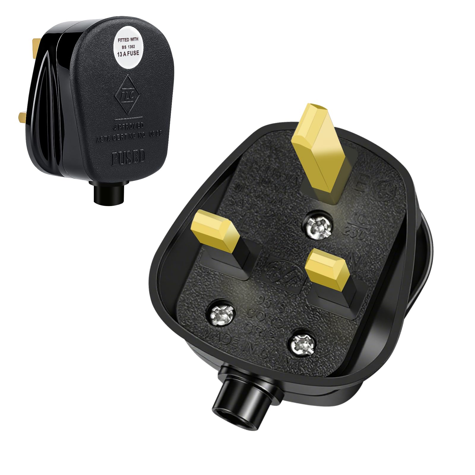 UK Plug 13 Amp Plug UK, Plugs 3 Pin Electric Plugs UK 250V,13A Fused Mains, with Cord Grip Rewireable Socket,Black 2 Pack