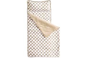 Wake In Cloud - Toddler Nap Mat with Pillow and Minky Fleece Blanket, for Kids Boys Girls in Daycare Preschool Kindergarten, Roll Up Sleeping Bag, Gingham Grid Checkered, Brown White, Standard