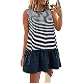 Wenrine Womens Striped Sweatshirt Dress Casual Sleeveless Crewneck Constrast Patchwork Loose Tank Mini Dresses