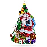 Santa with Christmas Tree and Gifts Glass Ornament