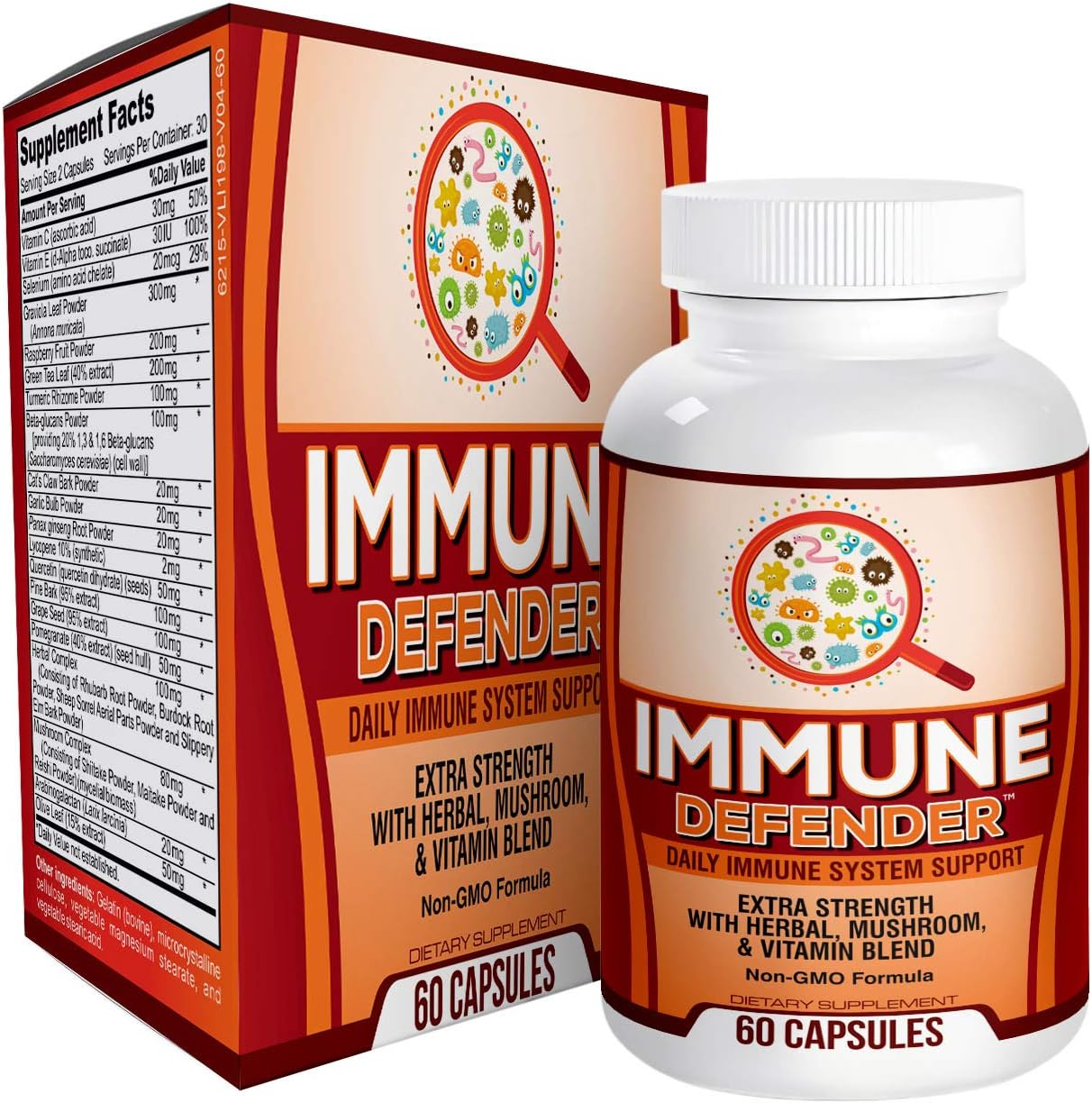 Immune Defender: Immune Supplements/Vitamins (All-in-1) Booster Support Supplement- Herbal, Vitamin, and Mushroom Complex Formula Blend - Total Immune System Health - Easy to Swallow 60 Capsules