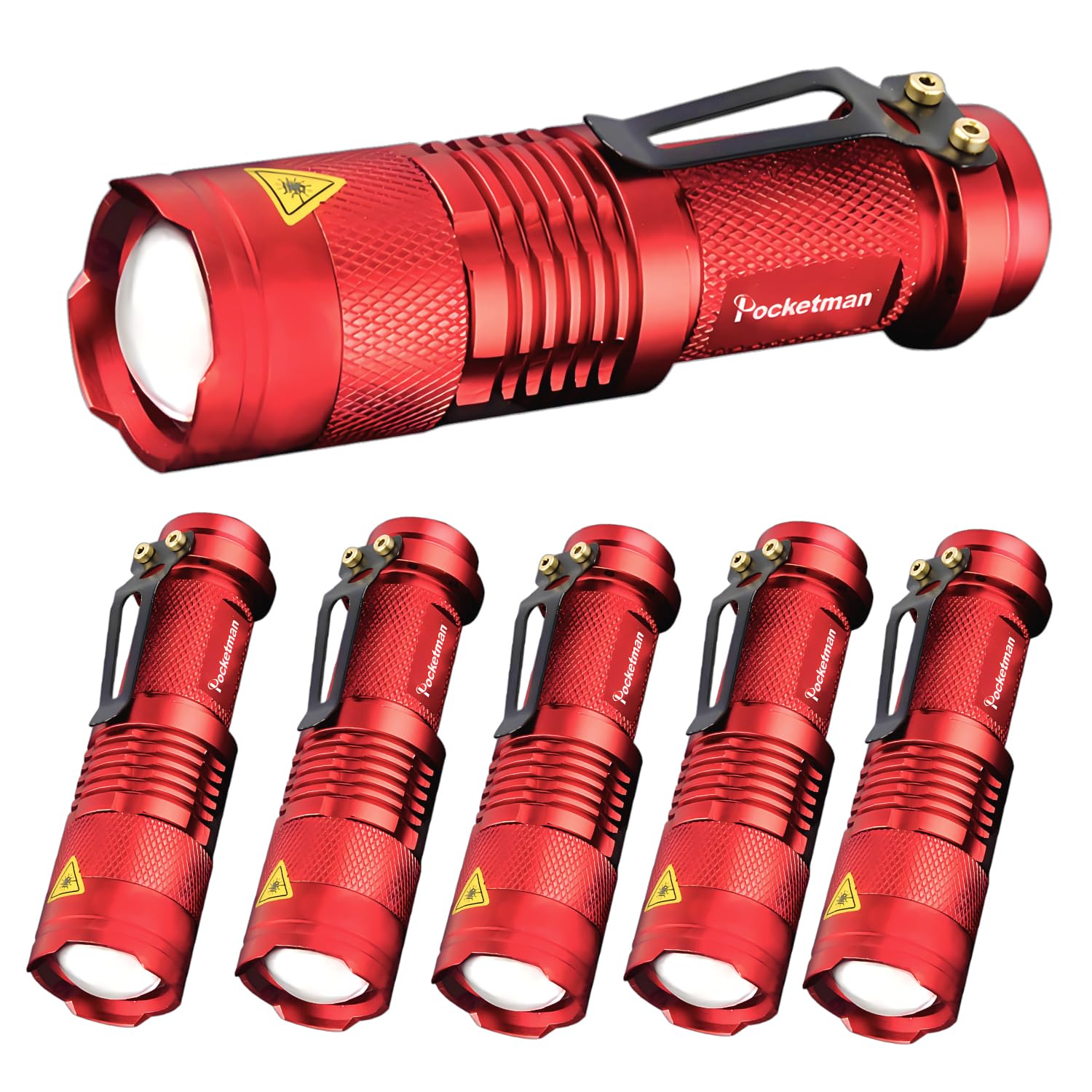 POCKETMAN Pack of 6, 7W 300LM SK-68 3 Modes Mini Q5 LED Flashlight Torch Tactical Lamp Adjustable Focus Zoomable Light(red)