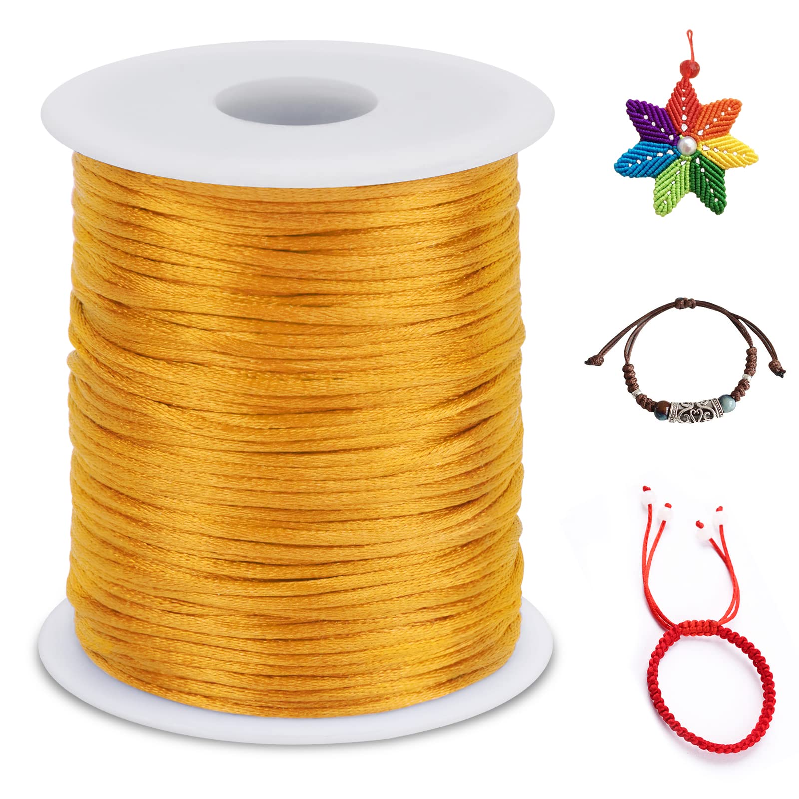 LEREATI Nylon Cord 2mm x 100m, Satin Cord Nylon String for Making Bracelet, Necklace, Chinese Knot, Jewellery (Golden Yellow)
