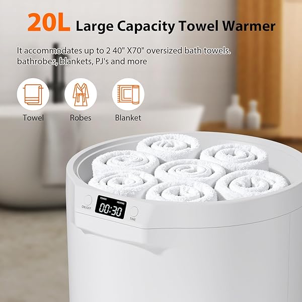 CWDOLROI TOWEL WARMER, 20L LARGE TOWEL WARMERS FOR BATHROOM, TOWEL BUCKET FITS UP TWO 40″X70″ OVERSIZED TOWELS, BATHROBES, BLANKETS, TOWEL HEATER WITH LCD, 4 TIMER SETTING AND AUTO SHUT OFF(WHITE)