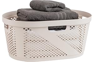 Mind Reader 40L Laundry Basket, Clothes Hamper, Wicker Design, Plastic, 23"L x 14.5"W x 10.5"H, Ivory