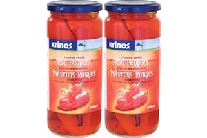 VALUBNDL: Krinos Roasted Sweet Red Peppers – 2 Pack (500ml Jars) – 1L Total Bulk Supply – Fire Roasted & Peeled in Wine Vineg