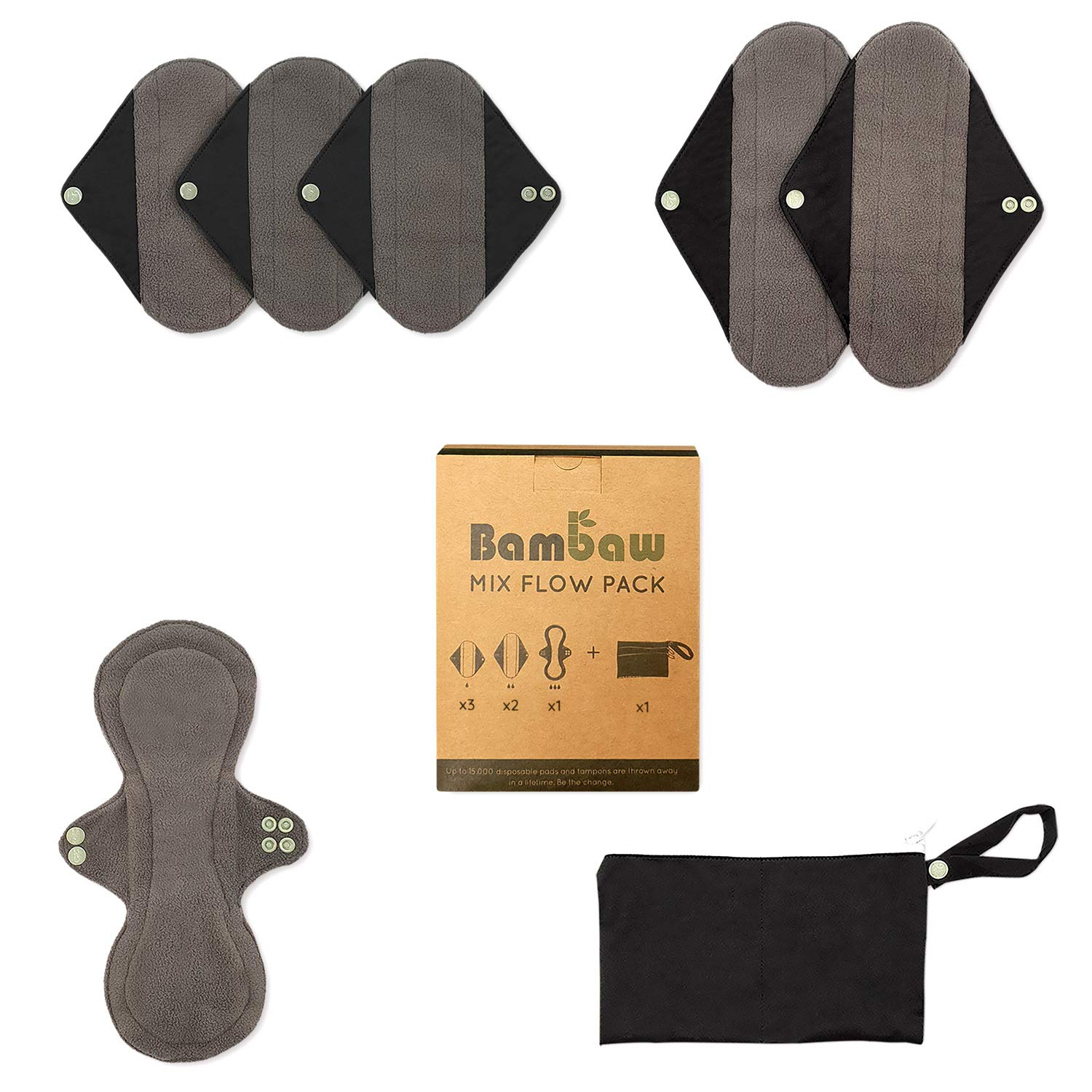 Bambaw Reusable Sanitary Towels with Discreet Pouch, Mix Set, Zero Waste and Environmentally Friendly, Reusable Sanitary Pads with Wings, Eco Friendly Products, Reusable Pads for Women