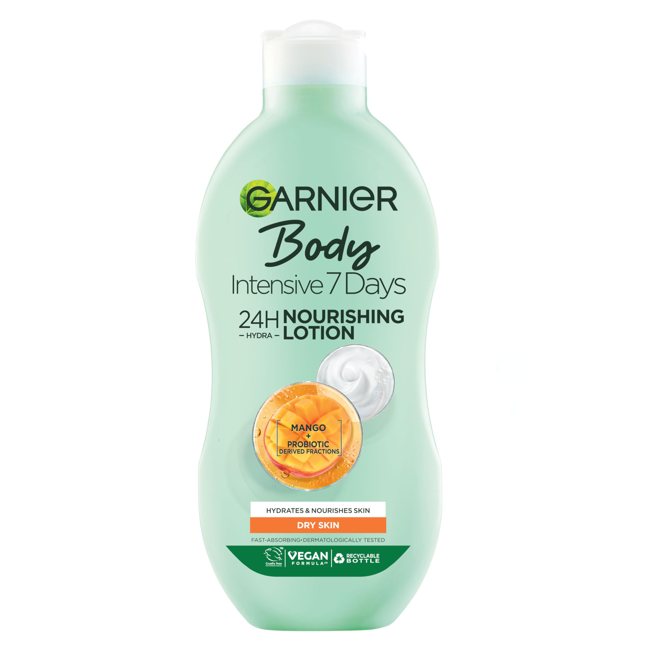 Garnier Body Lotion, Intensive 7 Days Mango Oil & Probiotic Extract Moisturiser 400ml, Softening and Smoothing Moisturiser, Up to 7 Days Hydration, For Dry Skin, Fast Absorbing & Non Greasy