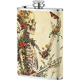 Vintage Flower Skeleton Flask 8oz for Men Women,Psychedelic Cute Hip Flask Stainless Steel Portable Pocket Whiskey Flask Leak Proof for Outdoor Climbing Camping Bar Party Drinker