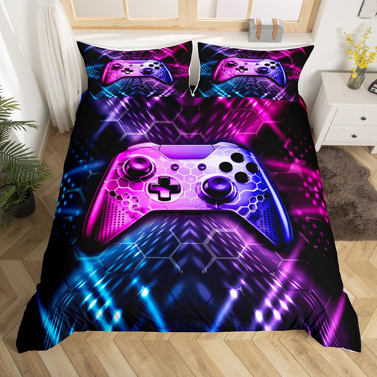 feelingyou Gamepad Bedding Sets for Boys,Reversible Gaming Duvet Cover Set Single,Teens Video Games Comforter Cover,Bed Set for Kids Bedroom,Gamepad Controller,2 Pcs with 1 Pillow Case,Blue Pink Neon
