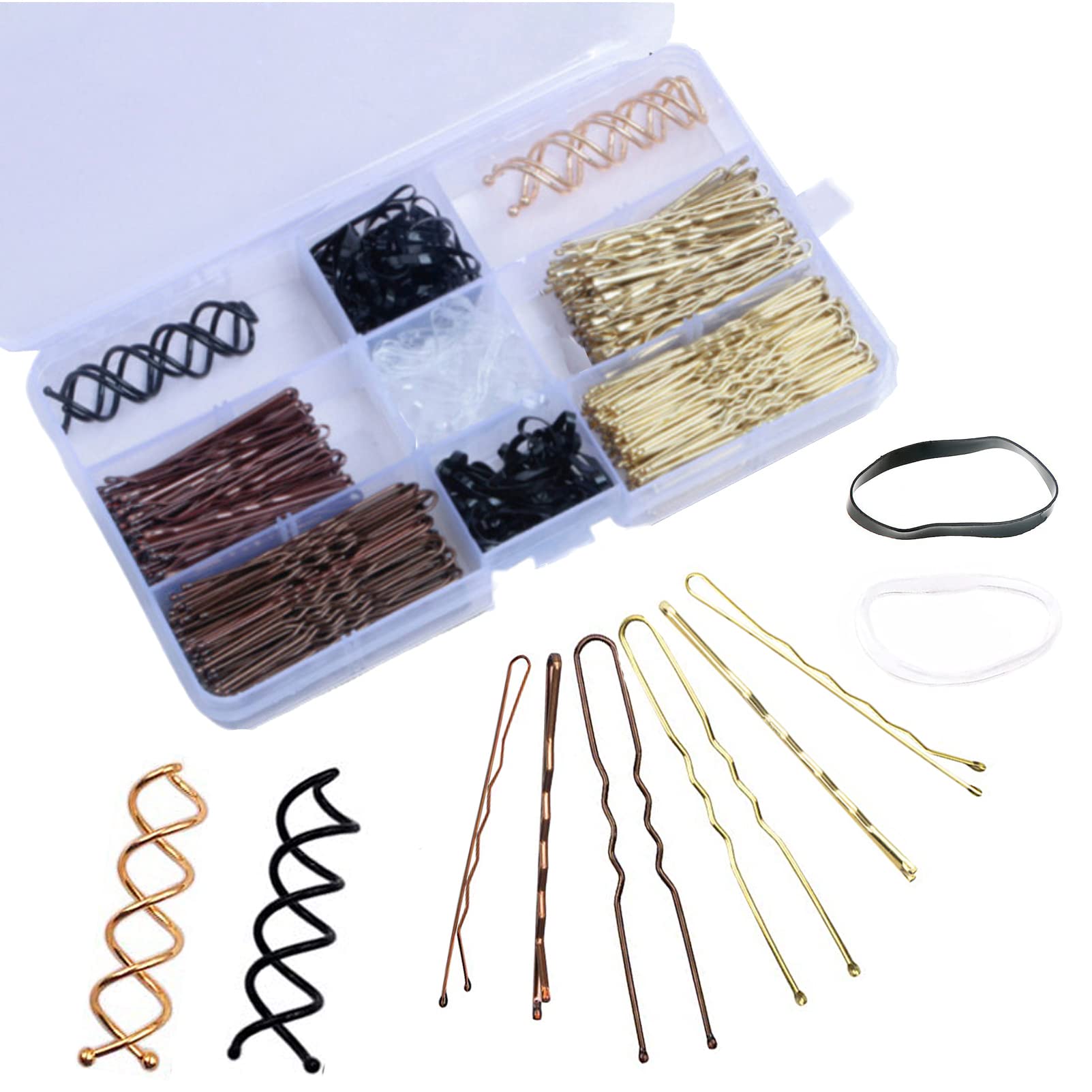 356PCS Bobby Pin Set - 100 U Shape, 100 Wave Clips, 150 Elastic Bands, 6 Spiral Pins - Hair Grips Styling Set for Women Girls With Clear Box