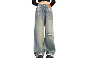NABER Kids Girls Elastic Waist Cool Ripped Jeans Washed Denim Wide Leg Ripped Denim Jean Age 5-15 Years