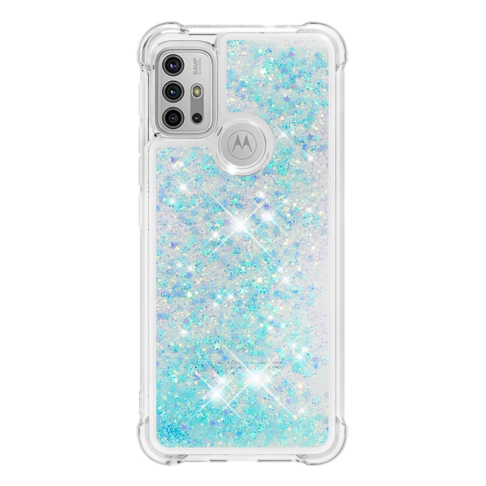 Motorola Moto G30/Moto G10 Case, Girly Shiny Glitter Sparkle Quicksand Floating Liquid Clear Transparent Soft TPU Silicone Protective Bumper ShockProof Phone Cover for Moto G30/Moto G10, Light Blue