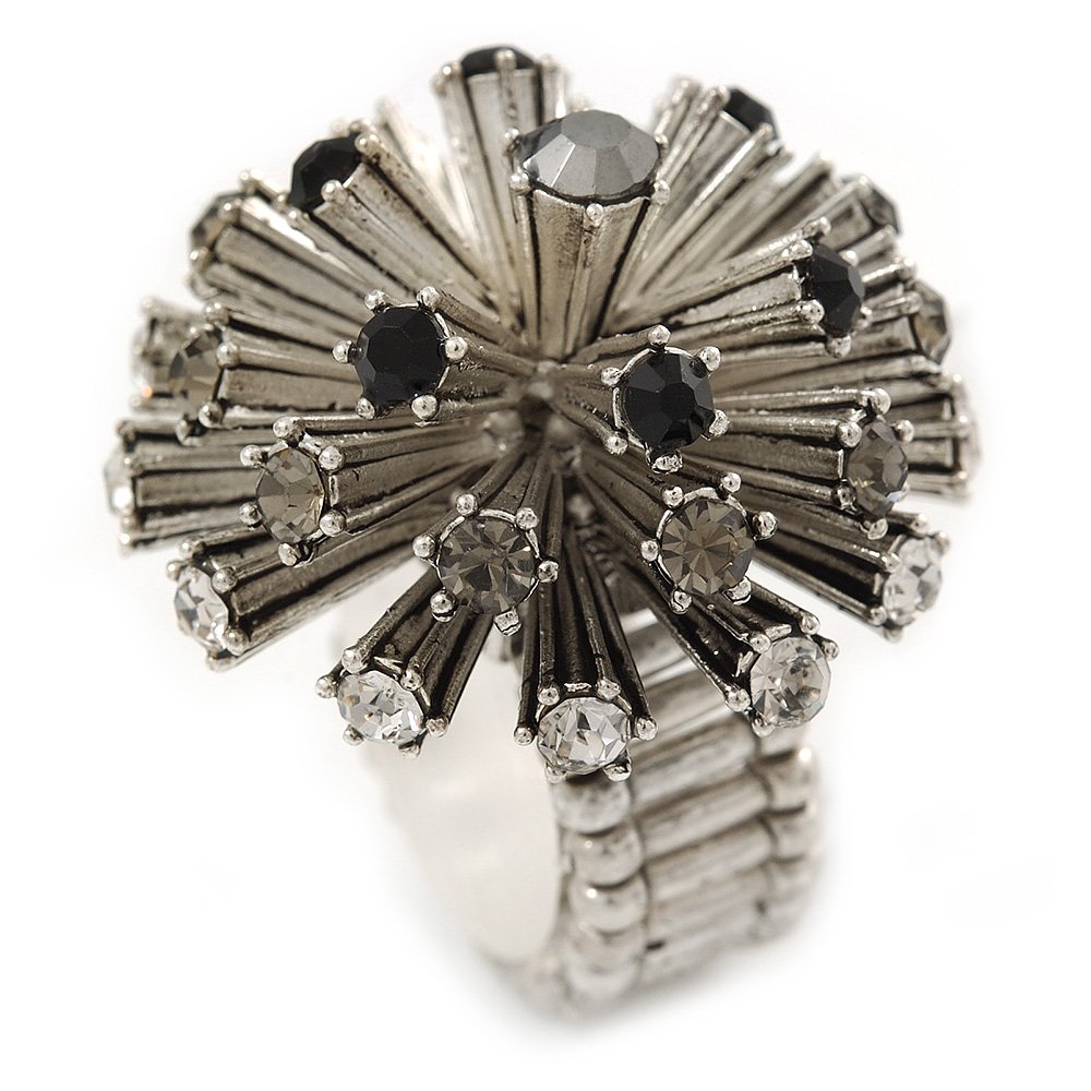 Avalaya Crystal 'Starburst' Flex Ring In Silver Tone - Size 7