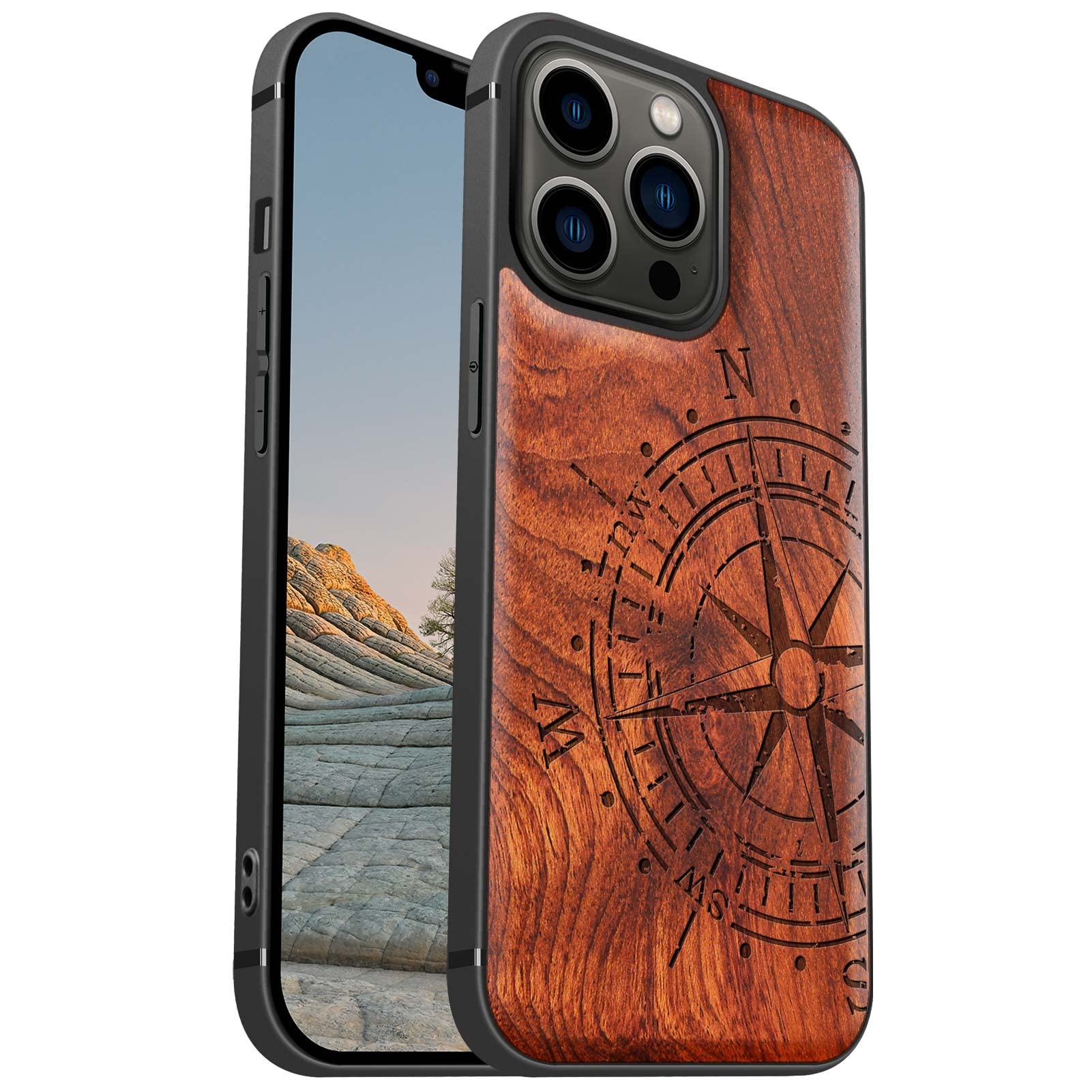 Carveit Mag netic Wood Case for iPhone 13 Pro Case [Hard Real Wood & Soft TPU] Shockproof Hybrid Protective Cover Unique & Classy Wooden Case Compatible with Mag Safe (Vintage Compass-Rosy)