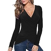 Afibi Women Deep V Neck Low Cut Long Sleeve Slim Shirt Tee Top Blouse