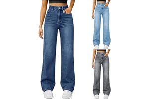 High Waisted Jeans for Women Straight Leg Stretch Denim Pants Dressy Casual Tummy Control Wide Leg Jeans Trousers