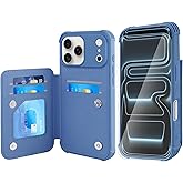 VANAVAGY Compatible for iPhone 17 Pro Wallet Case with RFID Blocking Card Holder, [Screen Protector] PU Leather Kickstand Card Slots Magnetic Clasp Shockproof Case for Women Men,Blue