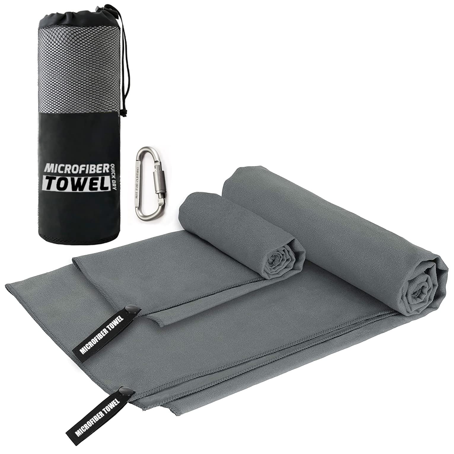 Microfiber Travel & Sports Towel Set - Quick Dry, Super Absorbent, Compact, Lightweight - for Camping, Backpacking, Hiking, Beach, Yoga, Swimming - Includes 2 Sizes + Carrying Bag & Clip (Gray)